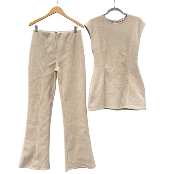 ZARA Women's 2PC Set Cream  Fitted Ribbed Top & Flared Rib Sweater Pants - Large - Picture 9 of 13